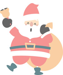merry christmas and happy new year with cute santa claus, bell and santa bag, flat png transparent element cartoon character design