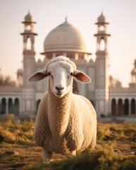 sheep as a symbol of an Islamic holiday with a mosque in the background