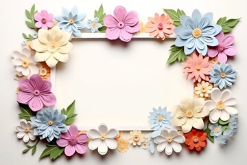 Naklejka na ściany i meble Floral border frame card template. multicolor flowers, leaves, for banner, wedding card. Springtime composition with copy-space