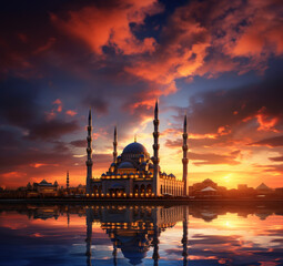 Obraz premium Beautiful Mosque Background with sunset atmosphere
