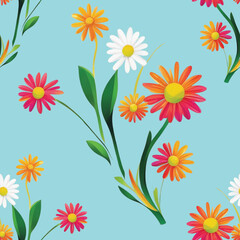 seamless pattern with daisy flower stem and leaves assorted colors white blue background