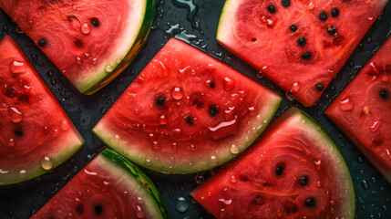 Juicy Watermelon Background with Sparkling Water Drops. Top Down Shot. Generative AI