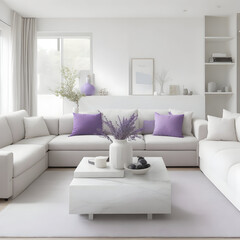 modern interior in white tones, elegant, lavender in the background, with windows, made by AI