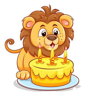 Cute lion with cake. Cartoon vector illustration isolated on white background.