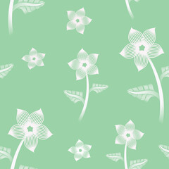 seamless pattern flower stem with leaves linocut design green background.