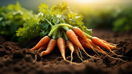 Freshly picked carrots on the soil in a field of a farm, agriculture and vegetables farming concept,.ai generative