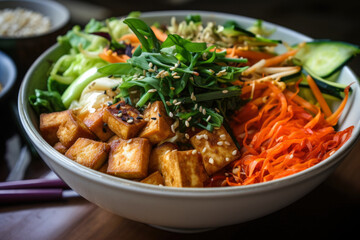Fototapeta premium a mouthwatering close-up of Bibimbap's perfectly seasoned crispy tofu, complemented by a variety of fresh and crunchy vegetables