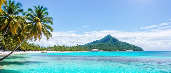 Naklejka premium Paradise beach of a tropical island, palm trees, white sand, azure water. Famous stone beach in the Seychelles. Generative AI.
