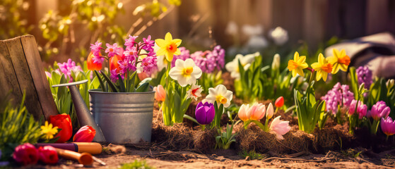 Spring flowers with the gardening tools in the garden. AI generated.