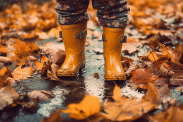 Child's feet with rubber boots in autumn leaves