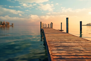 Fototapeta premium An empty wooden dock in the calm water of a lake