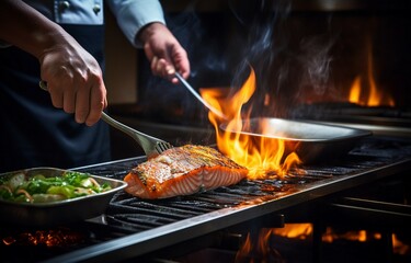 In the open kitchen of the restaurant, a skilled chef is preparing a delicious flambeed salmon filet. Generative AI  - obrazy, fototapety, plakaty