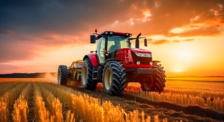 Red tractor working in the field at sunset