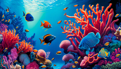 Obraz na płótnie Canvas A Vibrant Underwater World of Colorful Tropical Fishes. A Look into the Diverse and Complex Ecosystem of the Ocean. Generative AI
