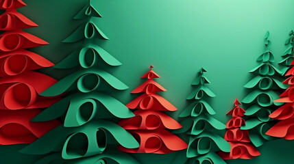 red and green papercut Christmas trees