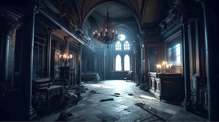 haunted castle interior on creepy spooky night - obrazy, fototapety, plakaty