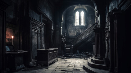 Fototapeta na wymiar haunted castle interior on creepy spooky night