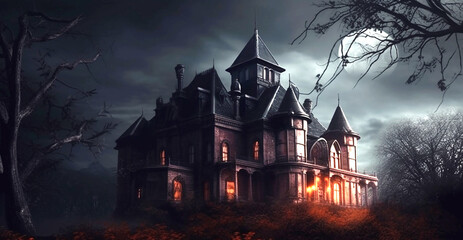 horror halloween haunted castle on creepy spooky night - obrazy, fototapety, plakaty