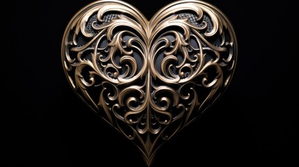 Heart shaped floral textured golden metallic 3d icon isolated on black background