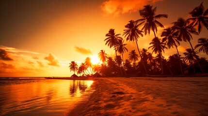 Fototapeta na wymiar Tropical paradise beach with palm trees at sunset. AI Generated