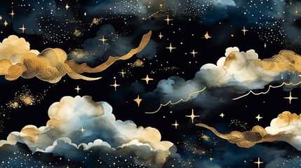 seamless pattern of the night sky with golden clouds