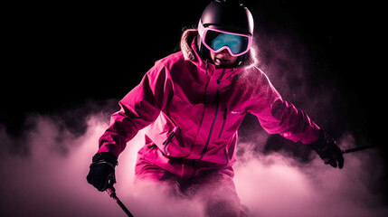 professional skier in pink light