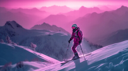 professional skier in pink light