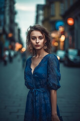 young beautiful caucasian woman in blue dress walking in city center. AI Generated