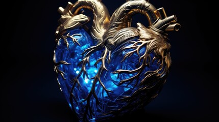 Blue glass heart golden details isolated on black background