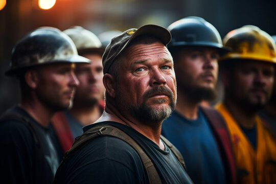 Photography that captures the essence of Labor Day, showing a group of industrial workers in an urban setting