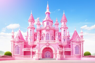 Enchanting pink castle house nestled in a whimsical landscape, Generative AI