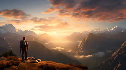 Fototapeta premium Person in the Mountains - Landscape Sunrise Hiker (Generated using AI) 