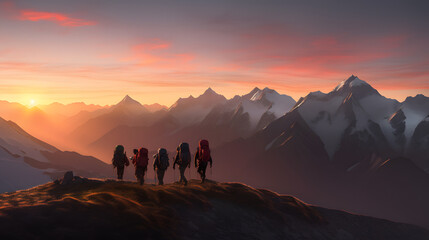 Hikers at Sunset in the mountains (Generated using AI)