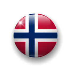 Realistic glossy button with flag of Norway. 3d vector element with shadow underneath. Best for mobile apps, UI and web design.