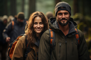 Fototapeta premium Outdoor Adventure. Friends hiking through a forest, embracing the active and adventurous lifestyle to be healthy. Generative Ai.