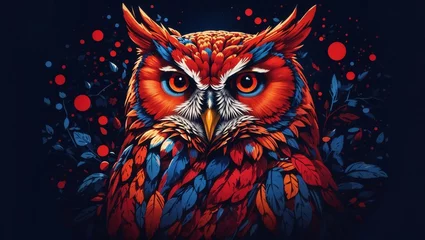 Gordijnen Real red owl looking up illustration t_ shirt art frontal perspective , vibrant color dark blue background © asma