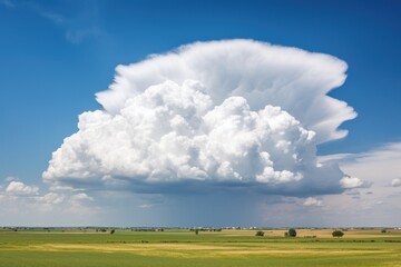 Rural landscape with thunderstorm cumulonimbus cloud and blue sky.