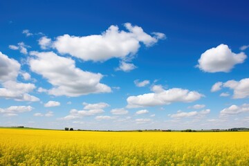 Rural landscape with yellow field against blue sky with white clouds.