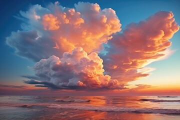 Beautiful sunrise over ocean or sea. Blue sky and colorful cumulonimbus cloud over water surface. - 638485076