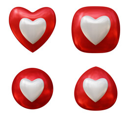 Set of red and white heart or love icon for social media isolated on transparent background in 3d rendering