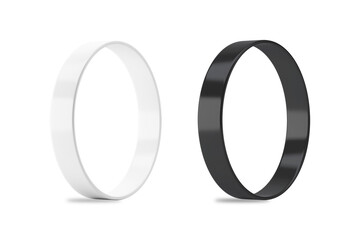 Blank rubber plastic stretch black and white bracelet isolated on white background. wristband mockup.3d rendering.