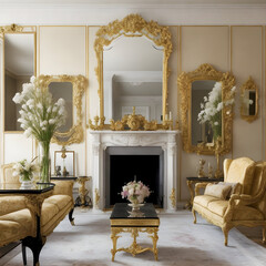 luxury living room with a fireplace and mirrors, 
modern interior in white tones, elegant, made by AI