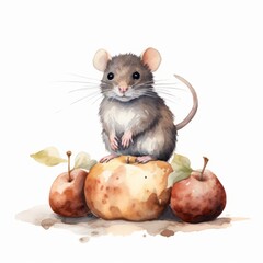 A mouse sitting on apple on white background. Hand-drawn watercolor illustration.