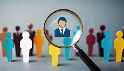 Fototapeta na wymiar HRM or Human Resource Management, Magnifier glass focus to manager icon which is among staff icons for human development recruitment leadership and customer target. resume, interview. generate by AI.