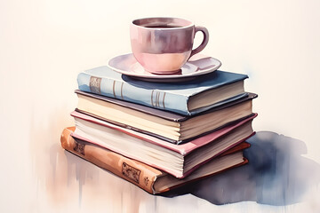 Watercolor Illustration with stack of books