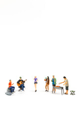 Fototapeta premium Miniature people are making barbeque, drinking beverages isolated on white background