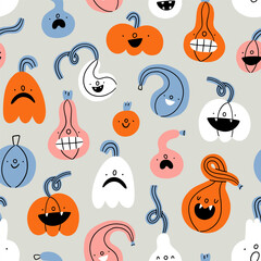 Pumpkins characters Halloween vector pattern - 638486803