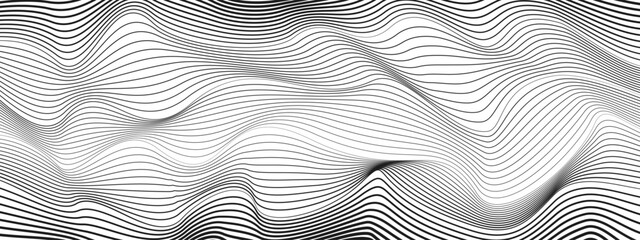 Black and white dynamic wavy lines. Abstract technology background. Monochrome striped pattern. Vector thin squiggle curves. Modern art design. Concept of internet connection. Ai format
