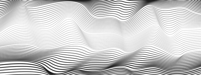 Black and white wavy thin lines. Abstract technology background. Monochrome texture with gradient. Striped pattern. Vector squiggle curves. Modern art design. Concept of Aether theories. Ai format
