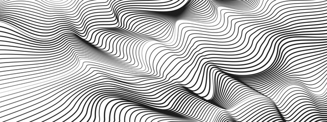 Black and white technology background. Abstract thin wavy lines. Striped pattern. Monochrome texture. Vector squiggle curves. Concept of optical illusions. Modern art design. Ai format